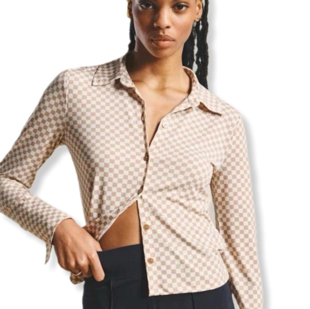 Women Abercrombie Fitch Checkerboard Nylon Shirt Top M Retro Disco 60s Mod Flaw
